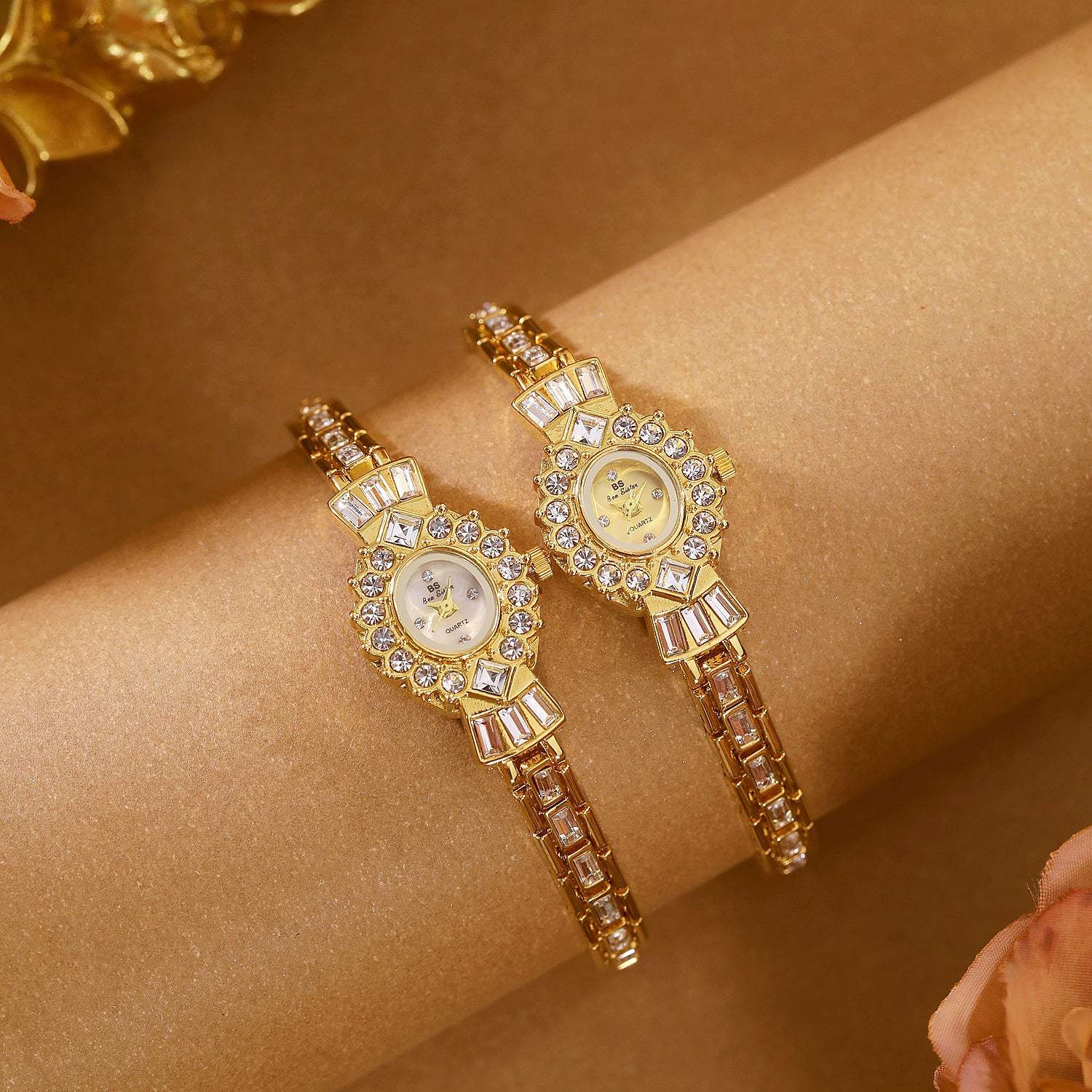 Elegant womens diamond watch with gold white and silver barrel dial