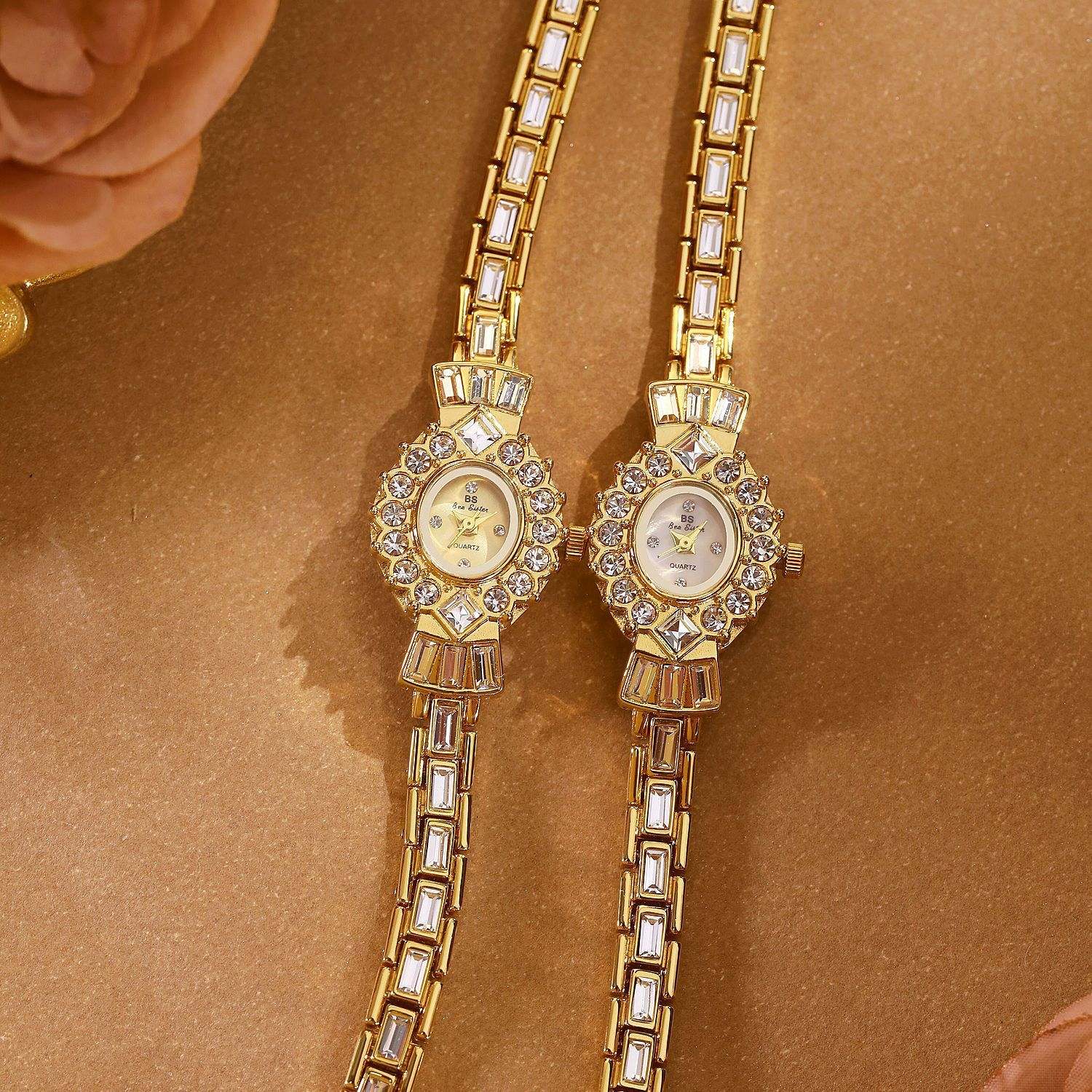 Gold Women's Diamond Middle-ancient Magic Mirror Watch with crystal-embellished barrel-shaped dial and alloy strap