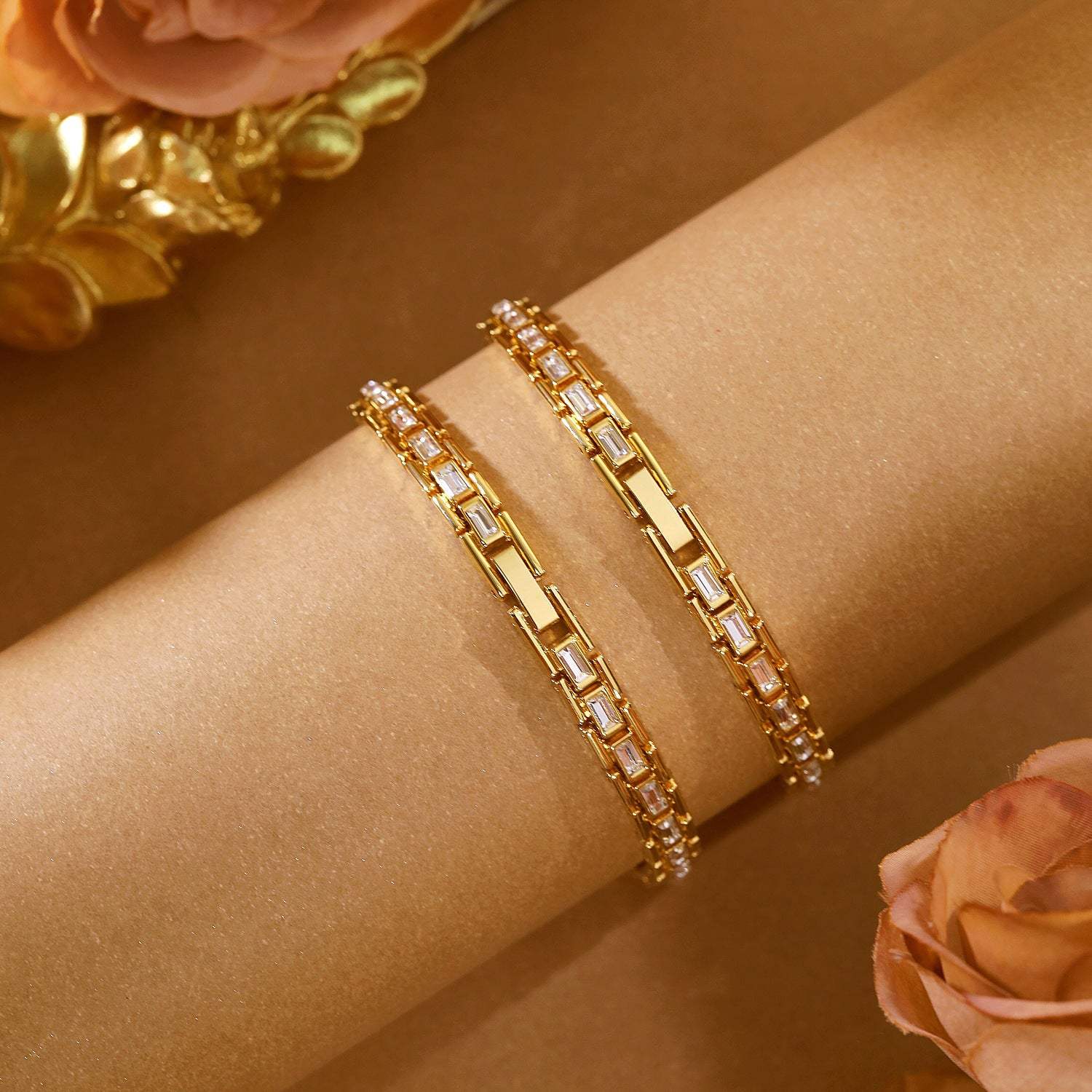 close-up of gold and diamond encrusted bracelet on arm, elegant jewelry accessory