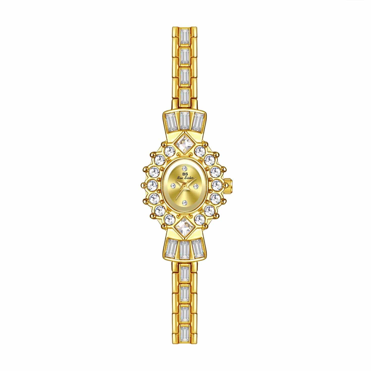 Gold women's diamond watch with barrel-shaped dial and jeweled bracelet