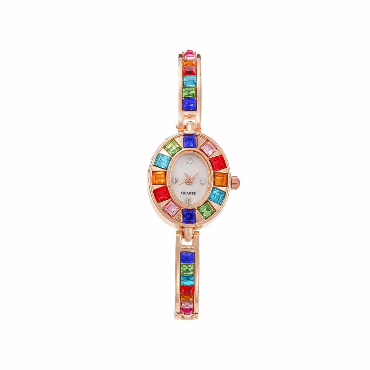 Small Oval Colorful Crystals Watch - Fashion Korean Style Quartz