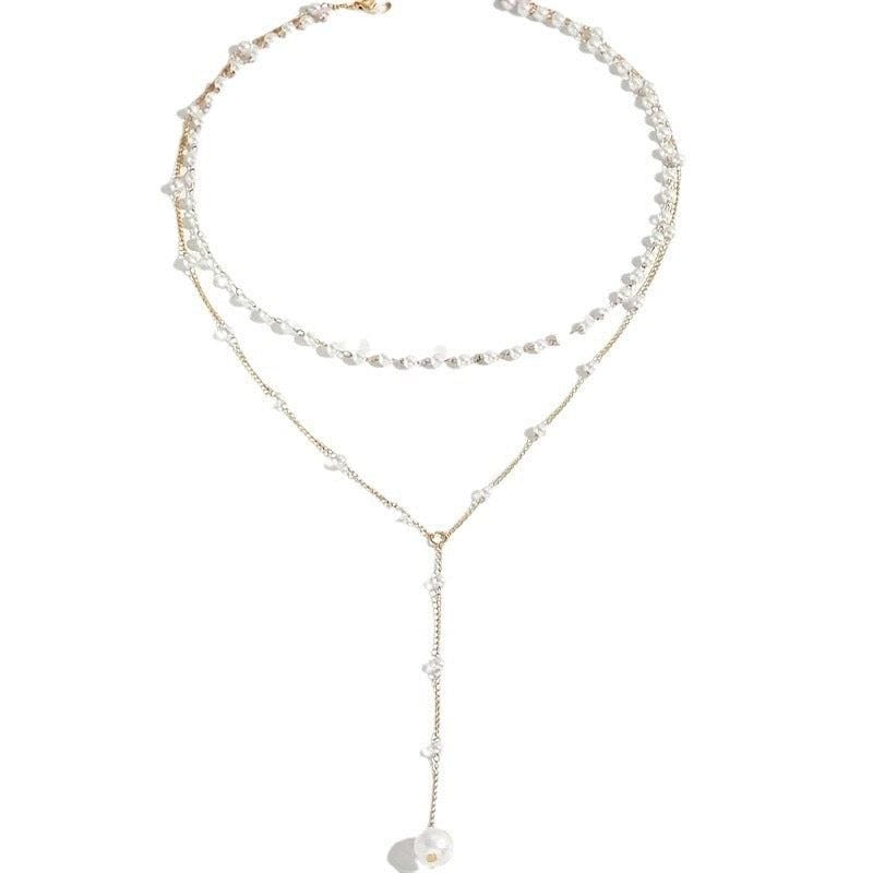 Elegant pearl double layer twin pearl necklace with gold alloy chain and geometric pendant design