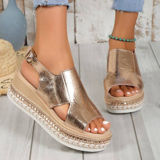 Women's summer shiny gold wedge sandals with hollow fish mouth design and buckle strap