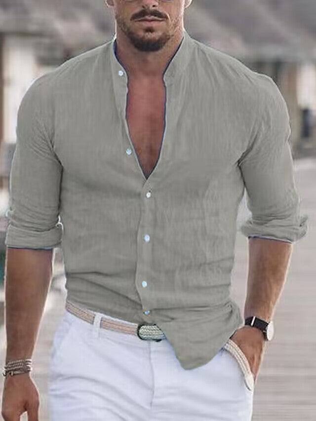 Men's casual long sleeve solid color button shirt for spring and autumn, made of comfortable cotton.