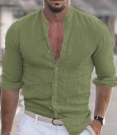 Men's casual long sleeve olive green button shirt with rolled-up sleeves and cotton fabric for spring and autumn.