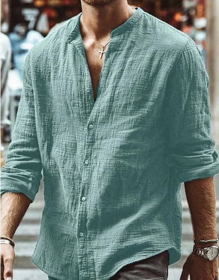 Men's casual long sleeve button shirt in solid color with mandarin collar, perfect for spring and autumn.