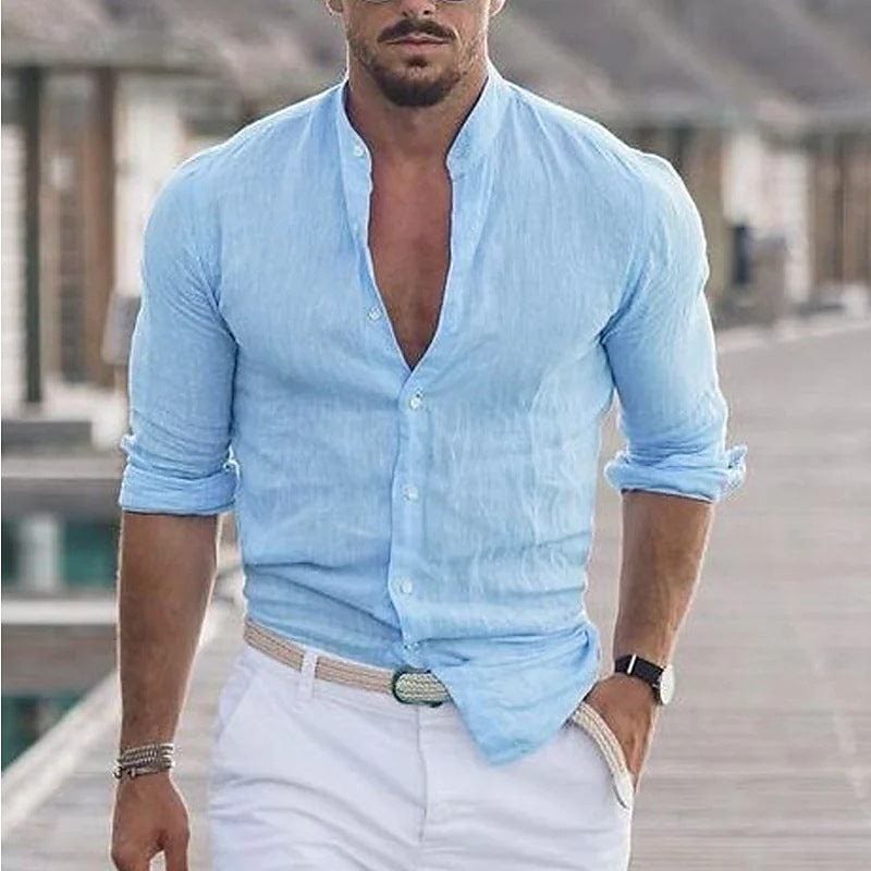 Men's casual long sleeve light blue button-up shirt with rolled sleeves and mandarin collar