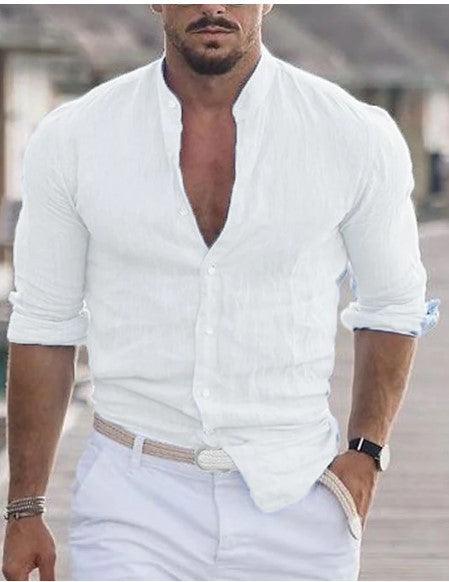 Men's long sleeve white casual button-up shirt with mandarin collar, perfect for spring and autumn wear.