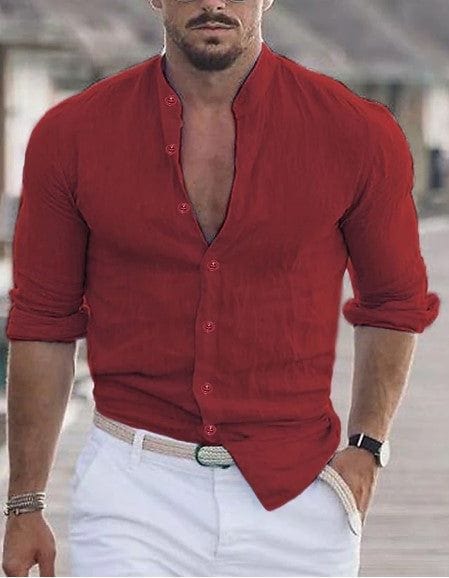 Men's long sleeve red button-up casual shirt with mandarin collar and cotton fabric, styled for spring and autumn.
