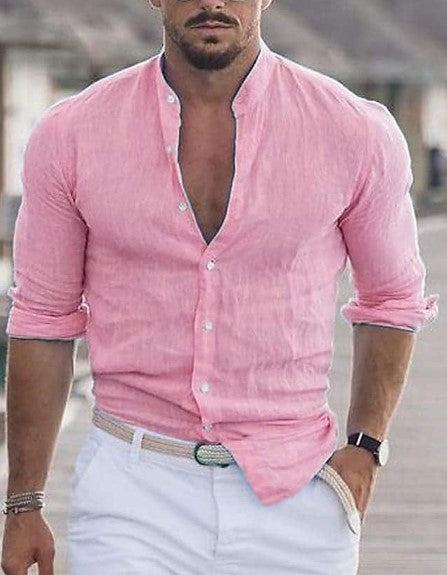 Men's long sleeve casual pink button-up shirt made of cotton, styled for spring and autumn wear.