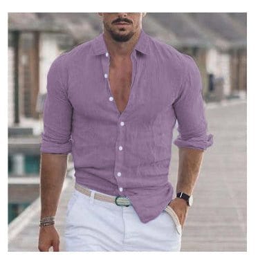 Men's long sleeve casual button-up shirt in solid purple color with rolled sleeves and cotton fabric for spring and autumn wear