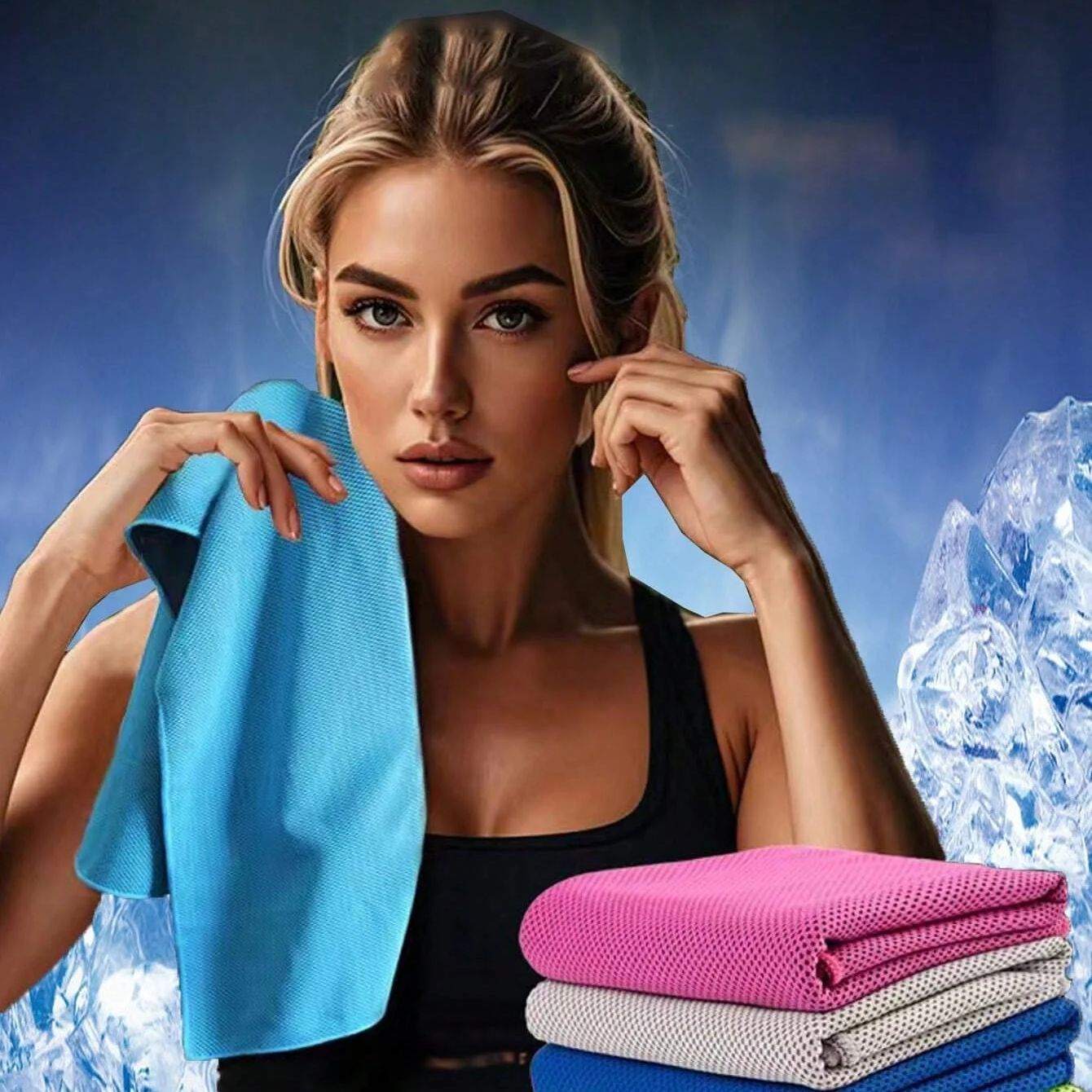 Woman using blue instant cooling sports towel with folded pink, gray, and blue towels stacked beside ice cubes