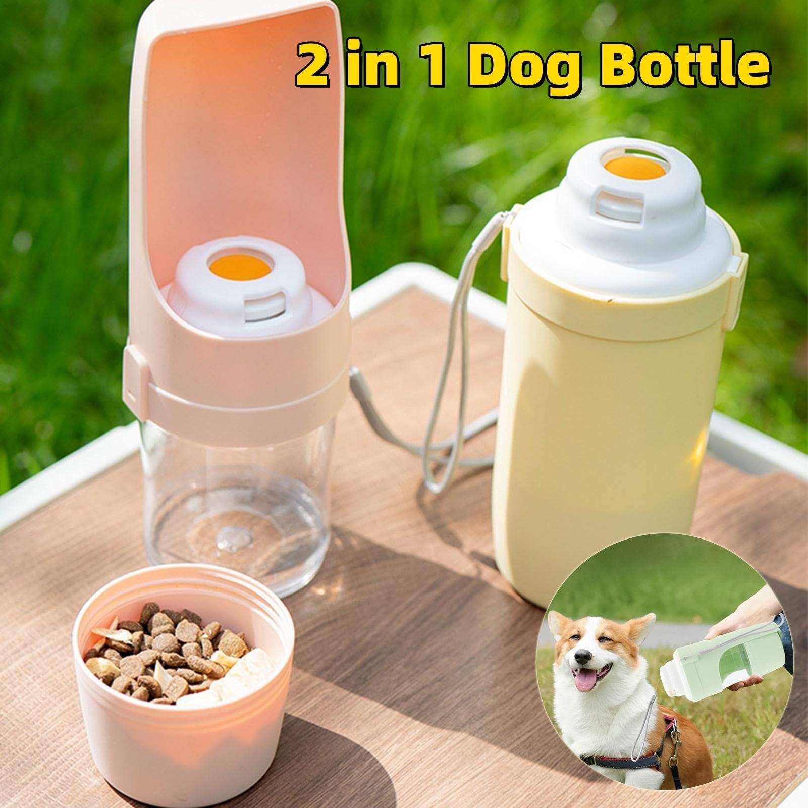 Portable 2 in 1 travel dog water bottle and food dispenser with leakproof design for outdoor pet hydration and feeding.
