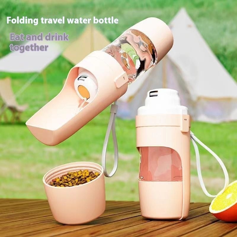 Portable 2-in-1 travel dog water bottle and food dispenser with lanyard for outdoor pet hydration and feeding
