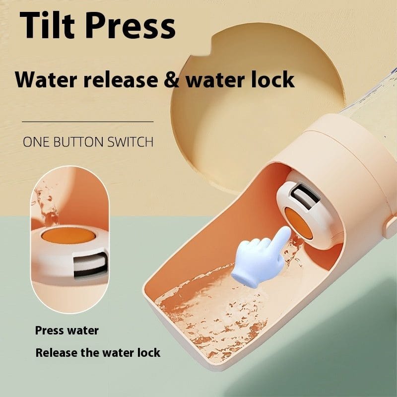 Portable travel dog water bottle with 2-in-1 water dispenser and feeder, leakproof design, large capacity, and easy water release button for outdoor pet hydration.