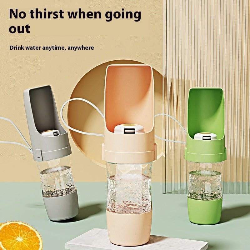 Portable travel dog water bottle with integrated water dispenser and feeder in green, beige, and gray colors for outdoor pet hydration.