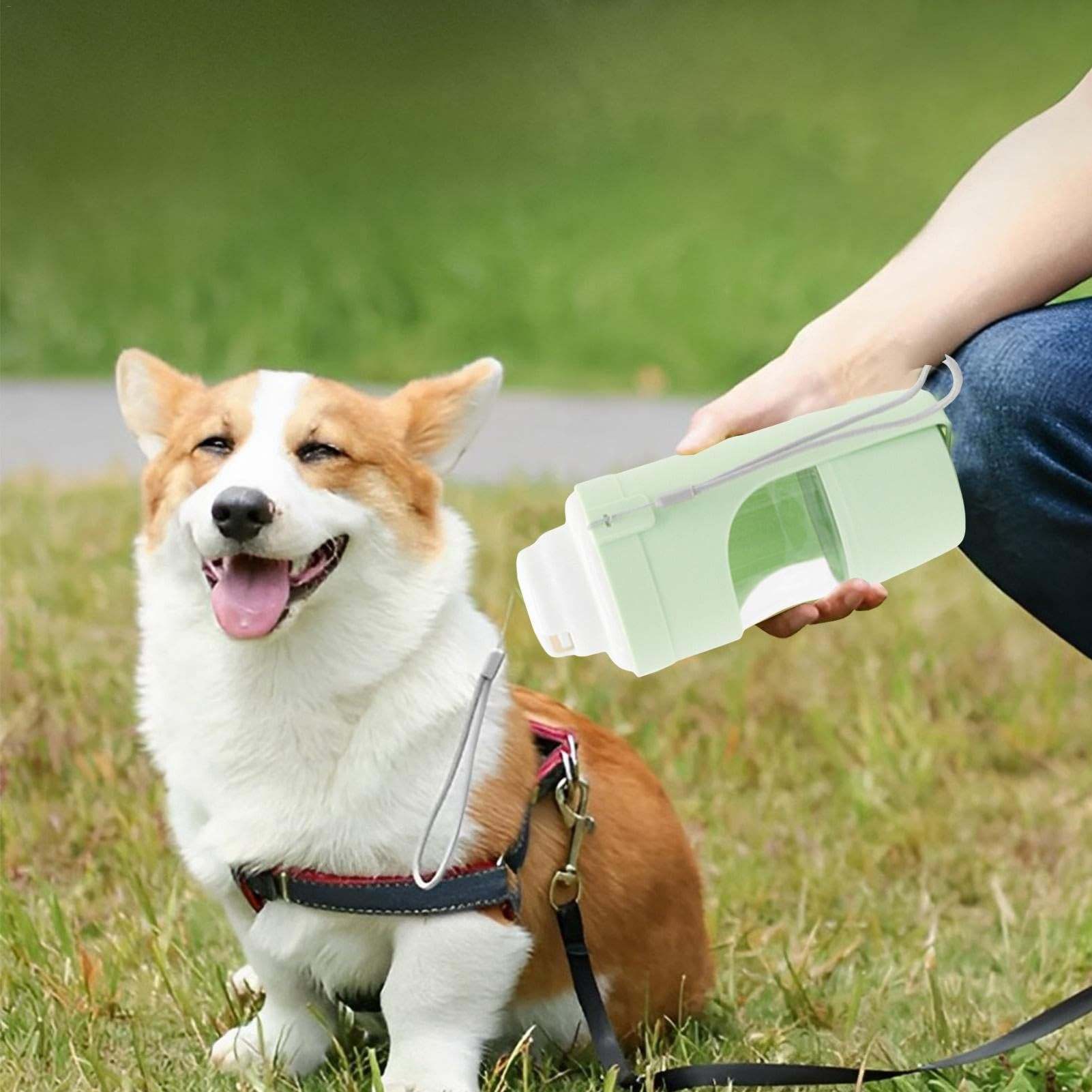 Portable 2-in-1 travel dog water bottle and food dispenser with lanyard for outdoor pet hydration