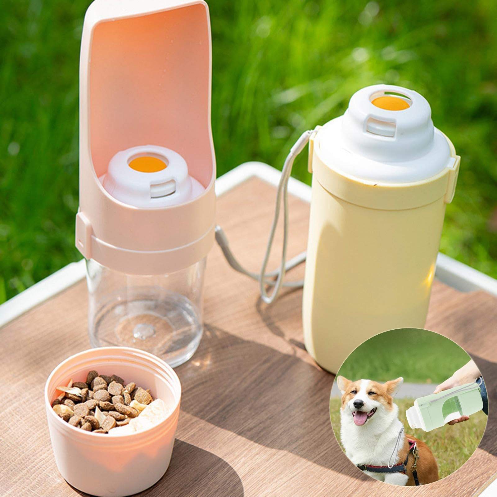 Portable 2-in-1 travel dog water bottle and food dispenser with lanyard for outdoor pet hydration and feeding.