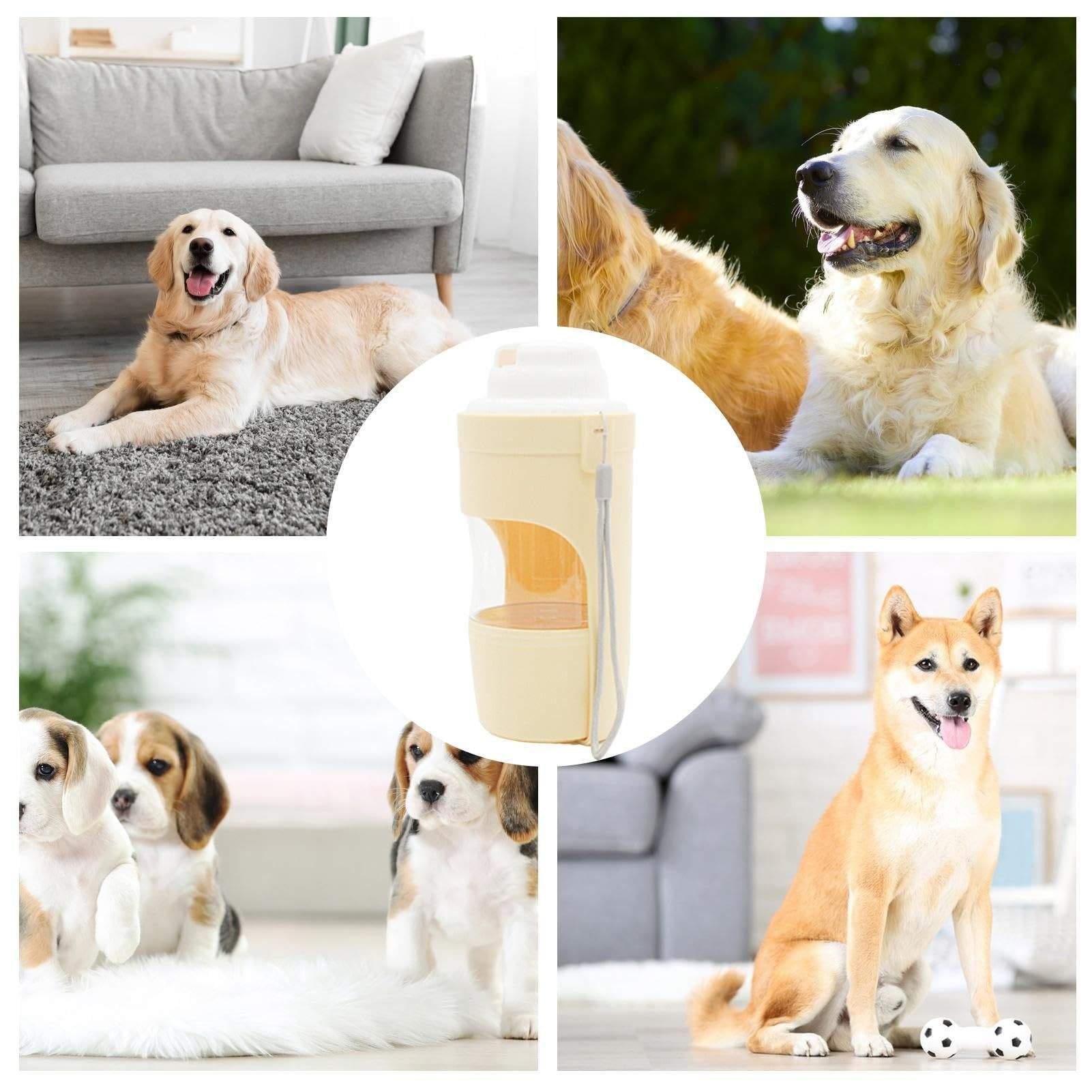 Portable 2-in-1 travel dog water bottle and feeder with lanyard for outdoor pet hydration and feeding.