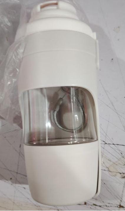 White 2-in-1 travel dog water bottle and feeder with lanyard for outdoor use
