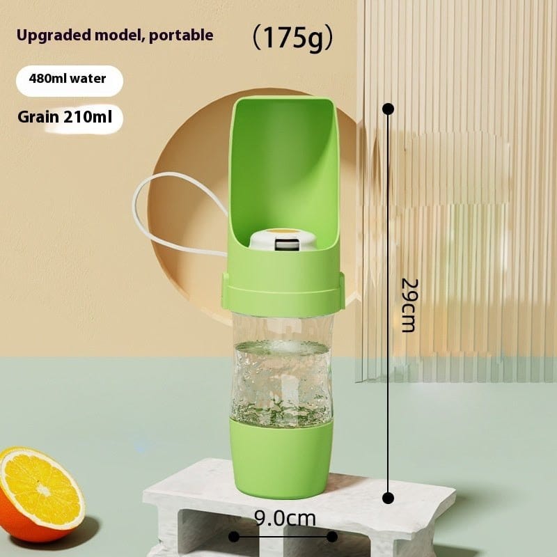 Green travel dog water bottle with 480ml water and 210ml grain capacity, portable and leakproof pet water dispenser and feeder.