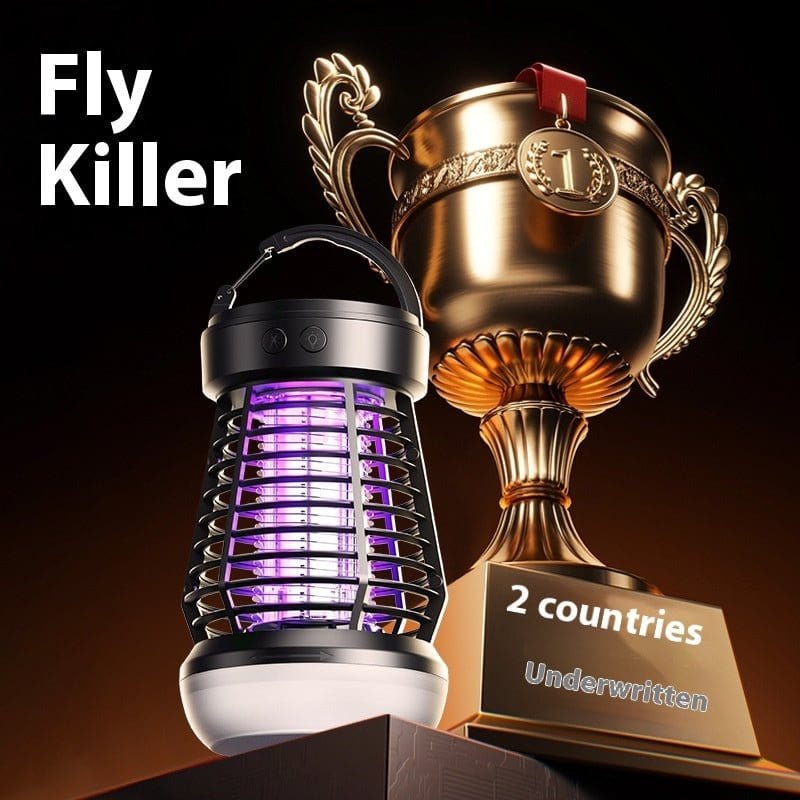 2in1 mosquito killer lamp with electric fly catcher and USB rechargeable design next to a gold trophy on brown background