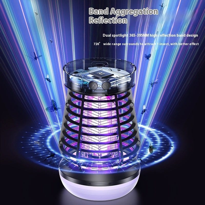 2in1 mosquito killer lamp with electric fly catcher and USB rechargeable design emitting purple UV light to attract and trap insects for indoor and outdoor use