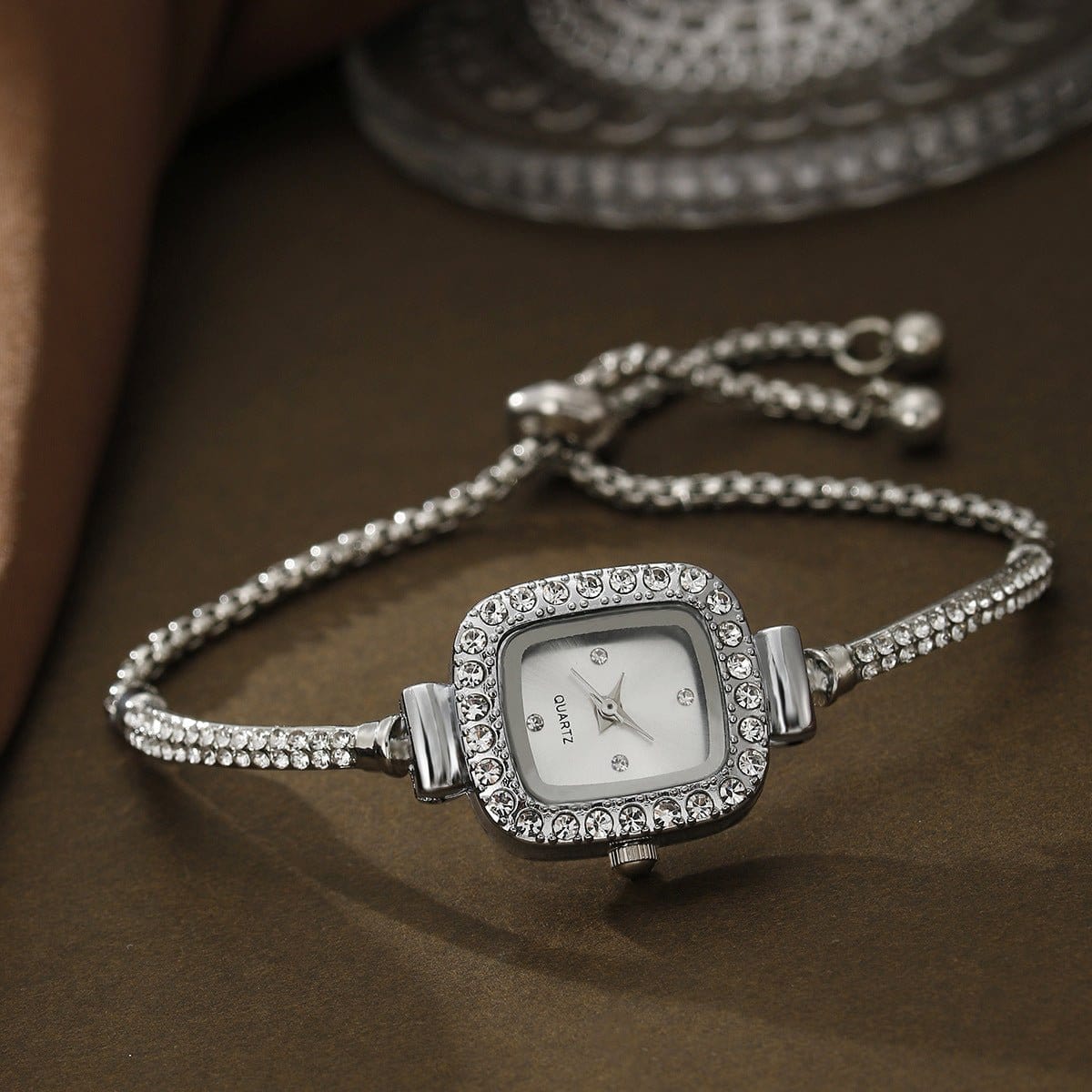  Alloy All-match Square Rhinestone-encrusted Chain Bracelet Watch