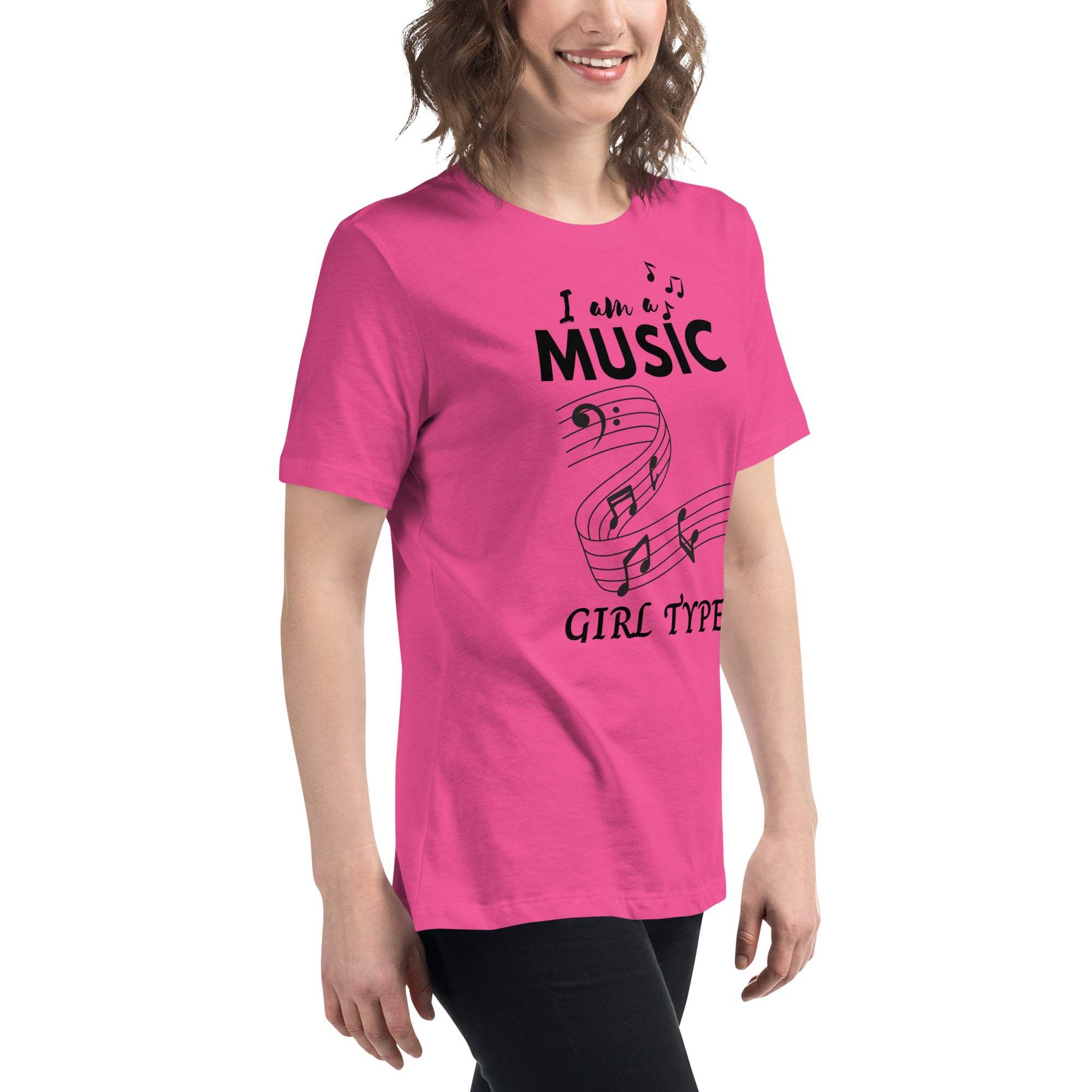 Pink Music Girl T-Shirt with playful musical notes graphic, soft fabric, unisex style for music lovers
