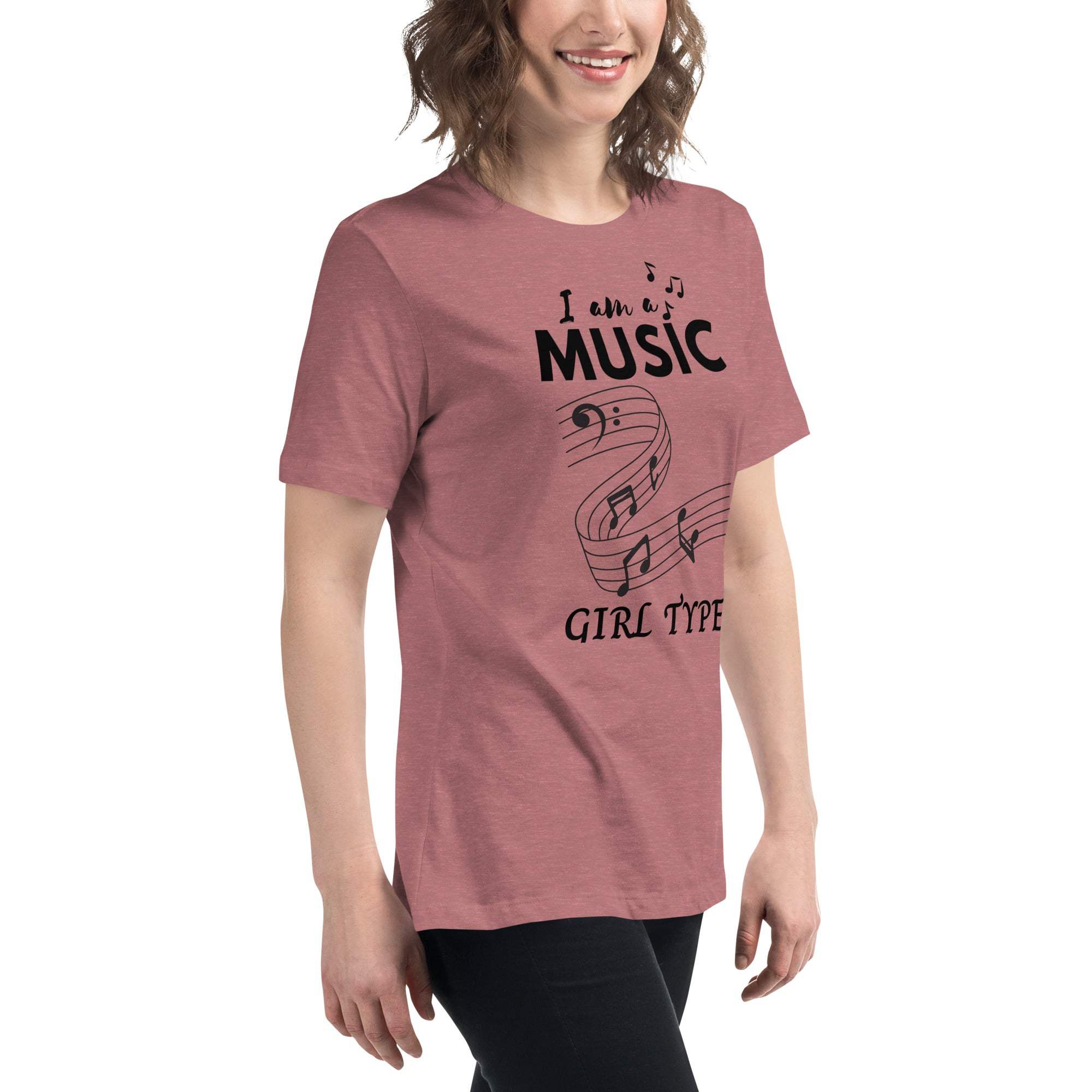 Woman wearing a soft, comfortable Music Girl T-Shirt with playful musical notes graphic and "I am MUSIC GIRL TYPE" text.