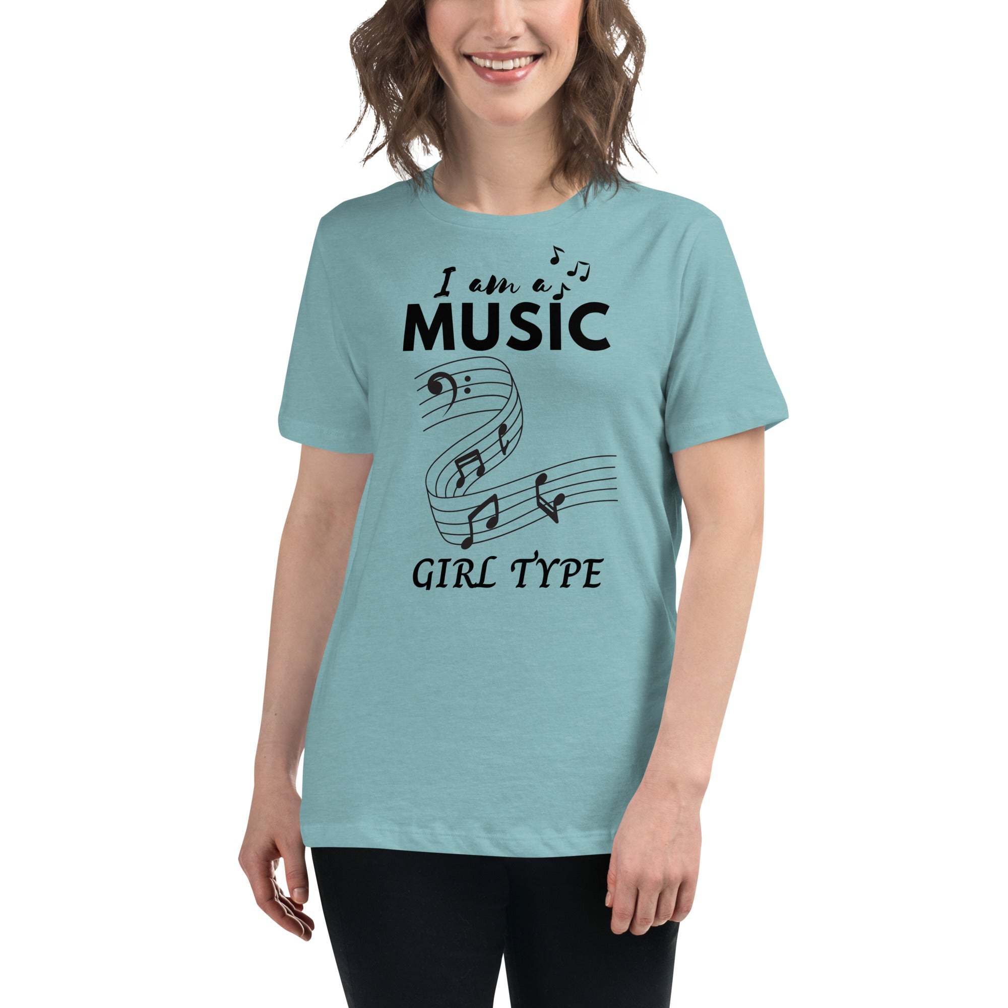 Woman wearing blue Music Girl T-Shirt with musical notes graphic and "I am a MUSIC GIRL TYPE" text