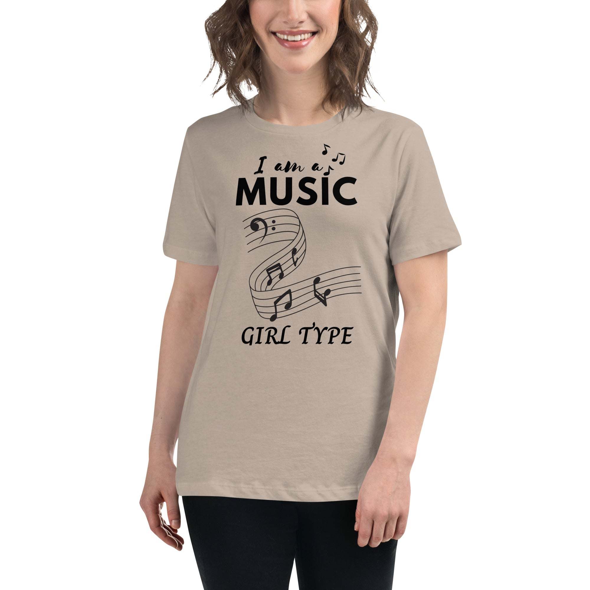 Woman wearing beige Music Girl T-Shirt with black musical notes graphic and text "I am a MUSIC GIRL TYPE"