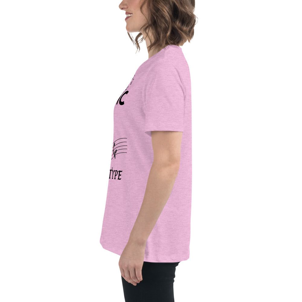 Side view of a woman wearing a pink Music Girl T-Shirt with playful musical notes graphic, soft fabric, and casual fit