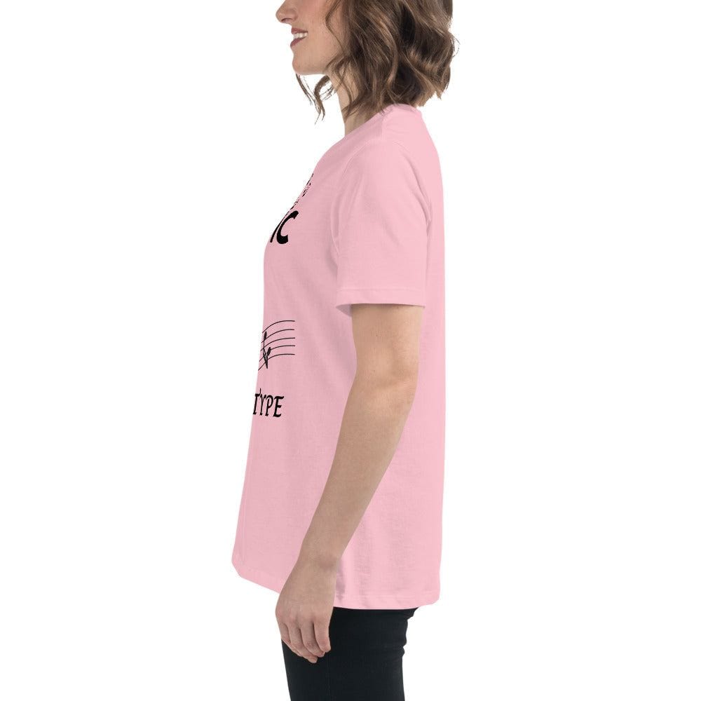 Side view of a woman wearing a pink Music Girl T-Shirt with musical notes graphic and casual fit