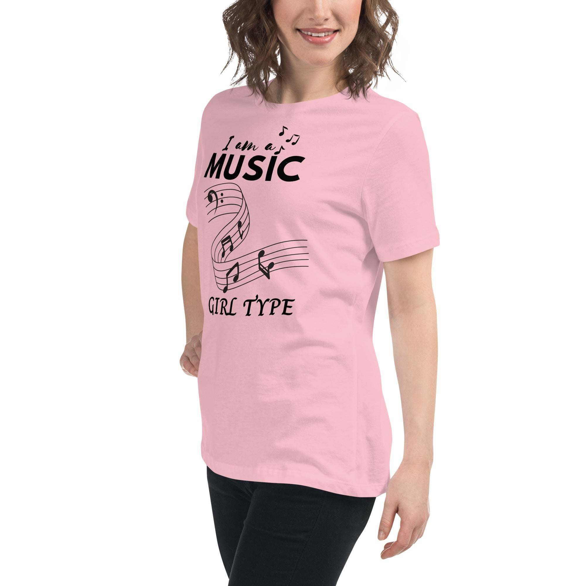 Woman wearing pink Music Girl T-Shirt with playful musical notes graphic and text "I am a music girl type"