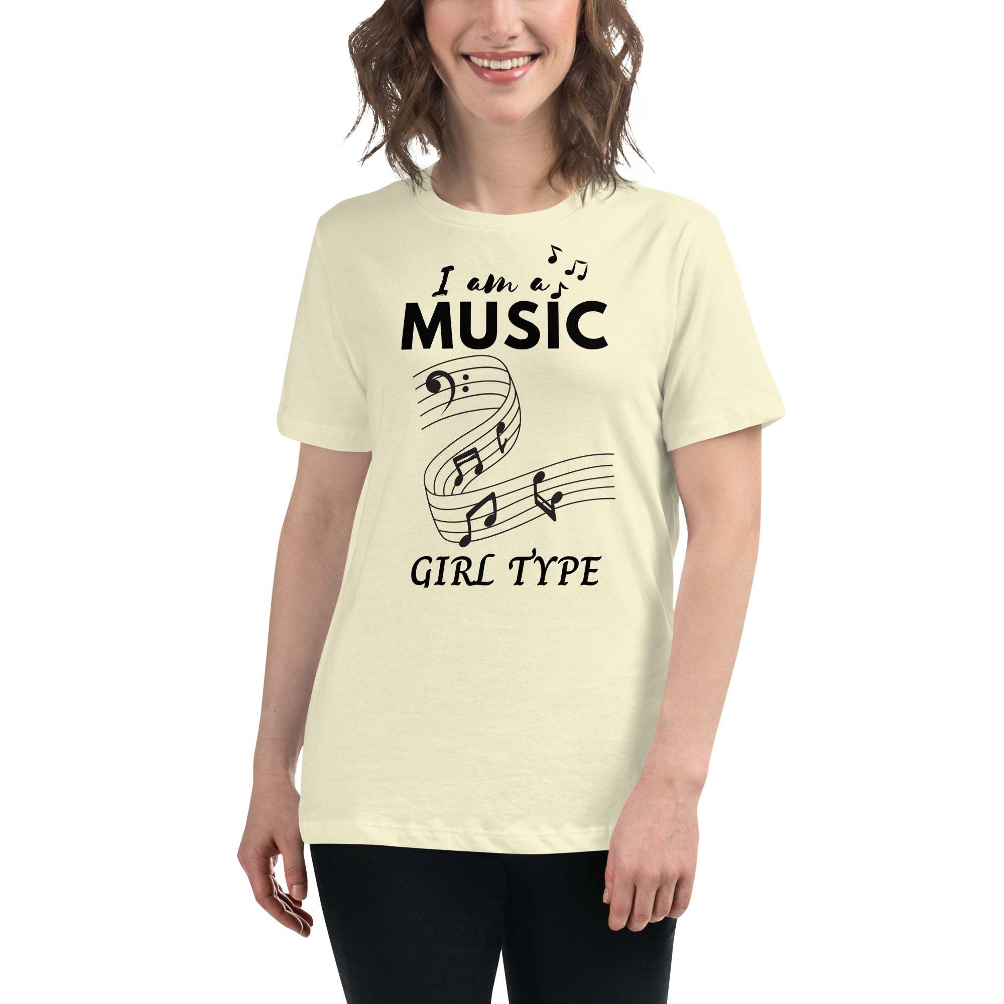 Woman wearing a cream Music Girl T-Shirt with black musical notes graphic and text "I am a MUSIC GIRL TYPE"