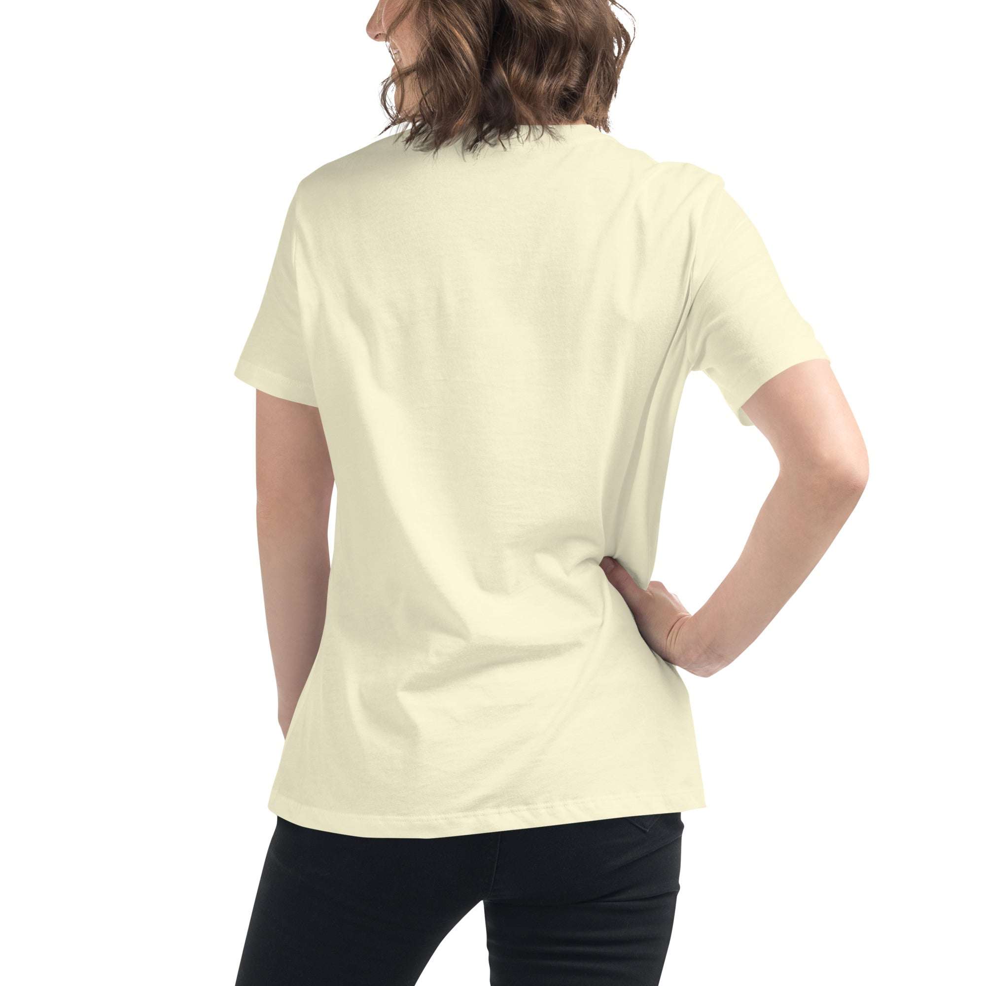 Back view of woman wearing plain off-white Music Girl T-Shirt with short sleeves and black pants