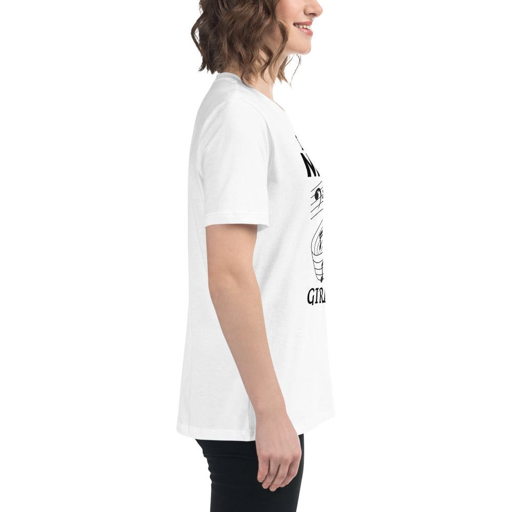 White Music Girl T-Shirt with playful musical notes graphic worn by woman in side view