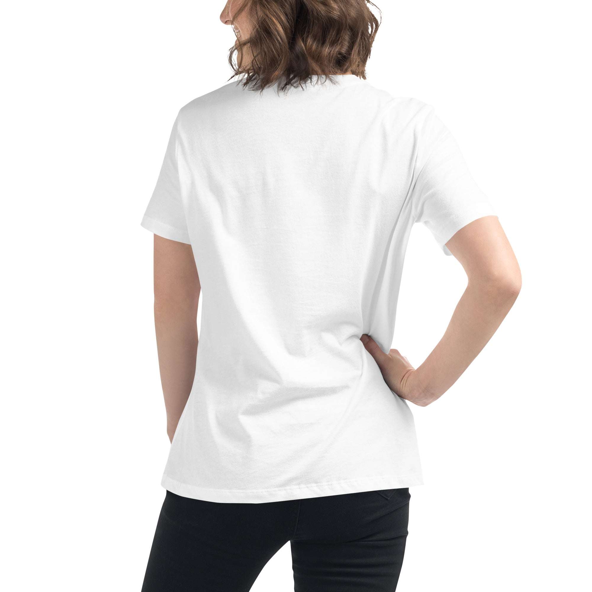 Woman wearing plain white Music Girl T-Shirt from the back, paired with black pants.