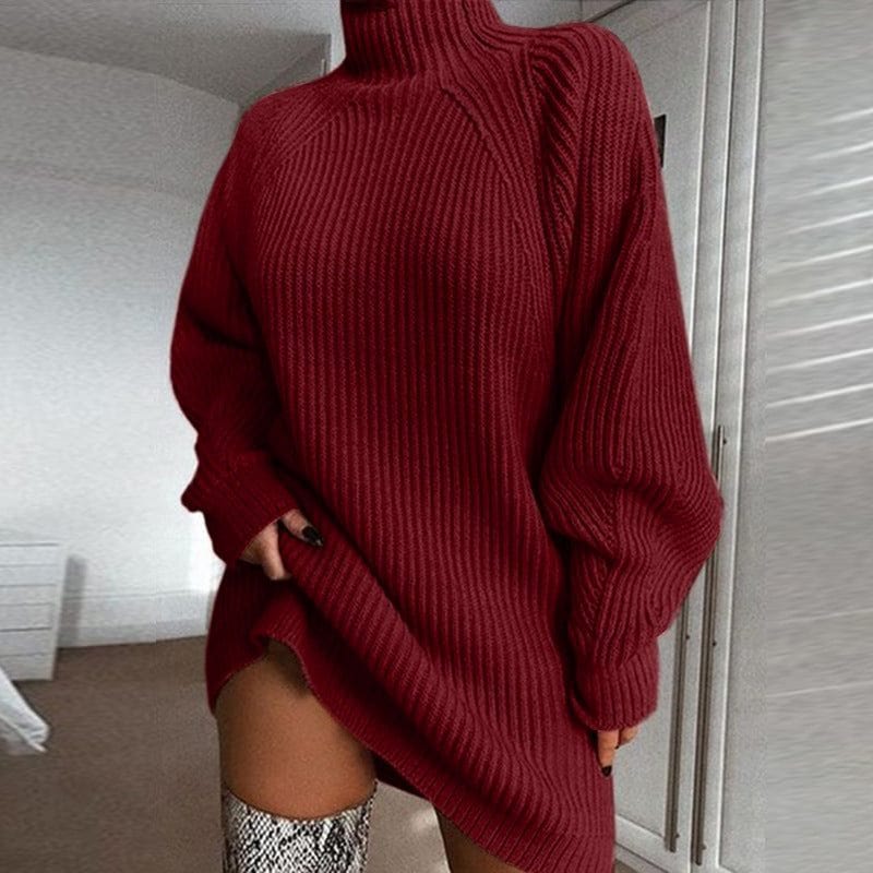 Solid Turtleneck Long Sweater for Women | Warm Winter Dress