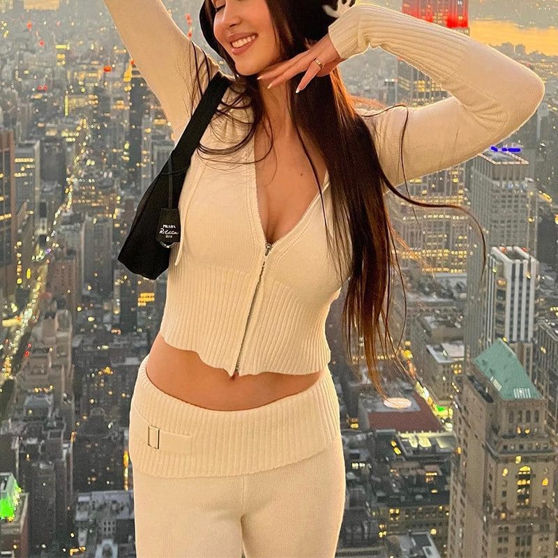 Hoodie Suit Women Leisure Sexy Zip Long Sleeve Sweater Set
