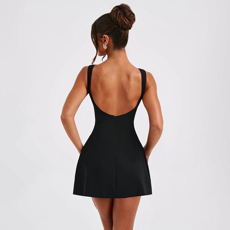 Woman wearing a black sexy slim-fitting backless sleeveless short dress with high waist and sling style.