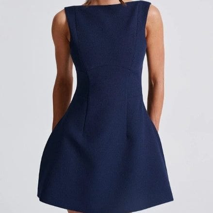 Slim-fitting sleeveless navy blue dress with a high waist and backless design.