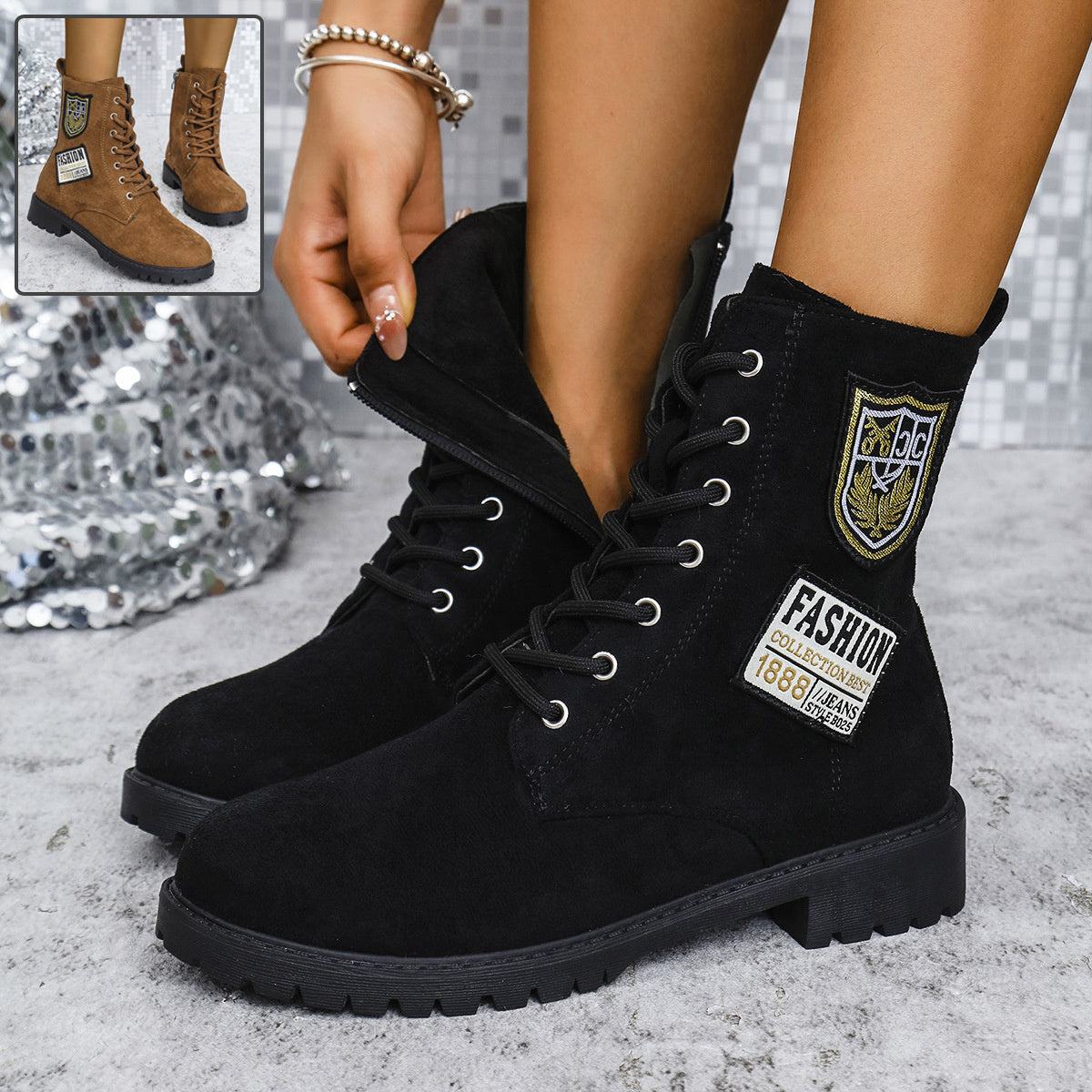 Women's black fashion lace-up chunky heel boots with patches and round toe winter shoes