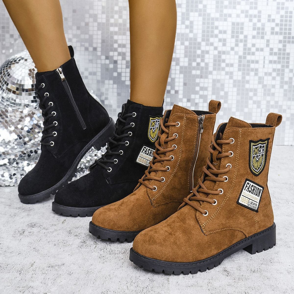 Fashion Lace-up Chunky Heels Boots Winter Round Toe Shoes