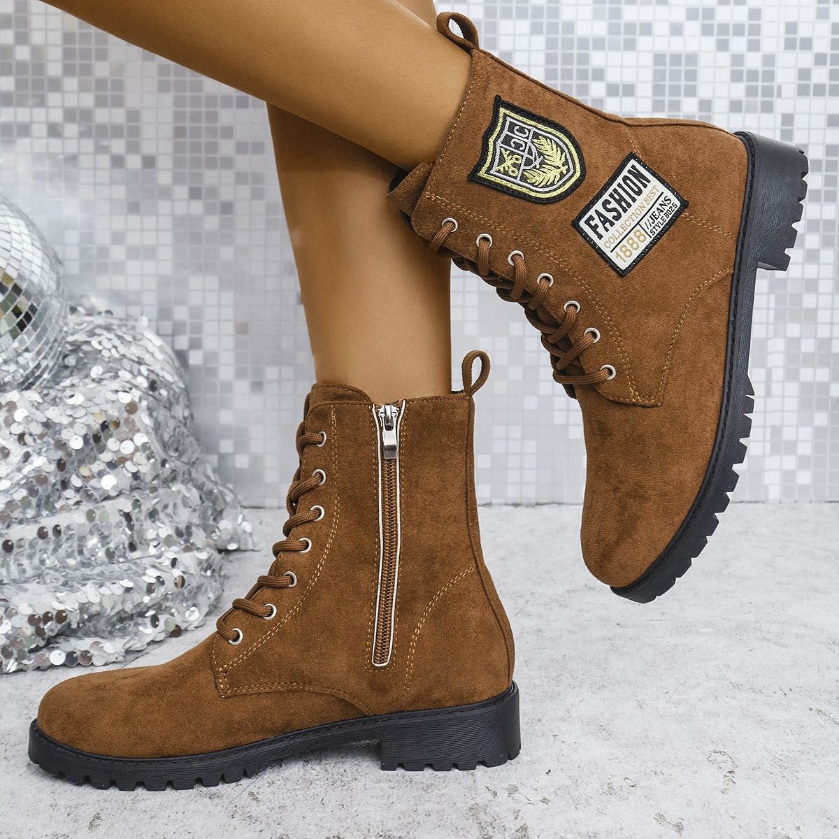 Fashion Lace-up Chunky Heels Boots Winter Round Toe Shoes
