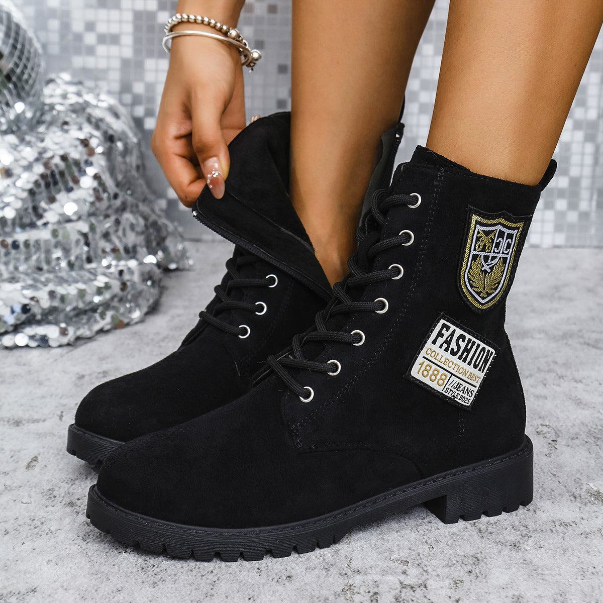 Fashion Lace-up Chunky Heels Boots Winter Round Toe Shoes