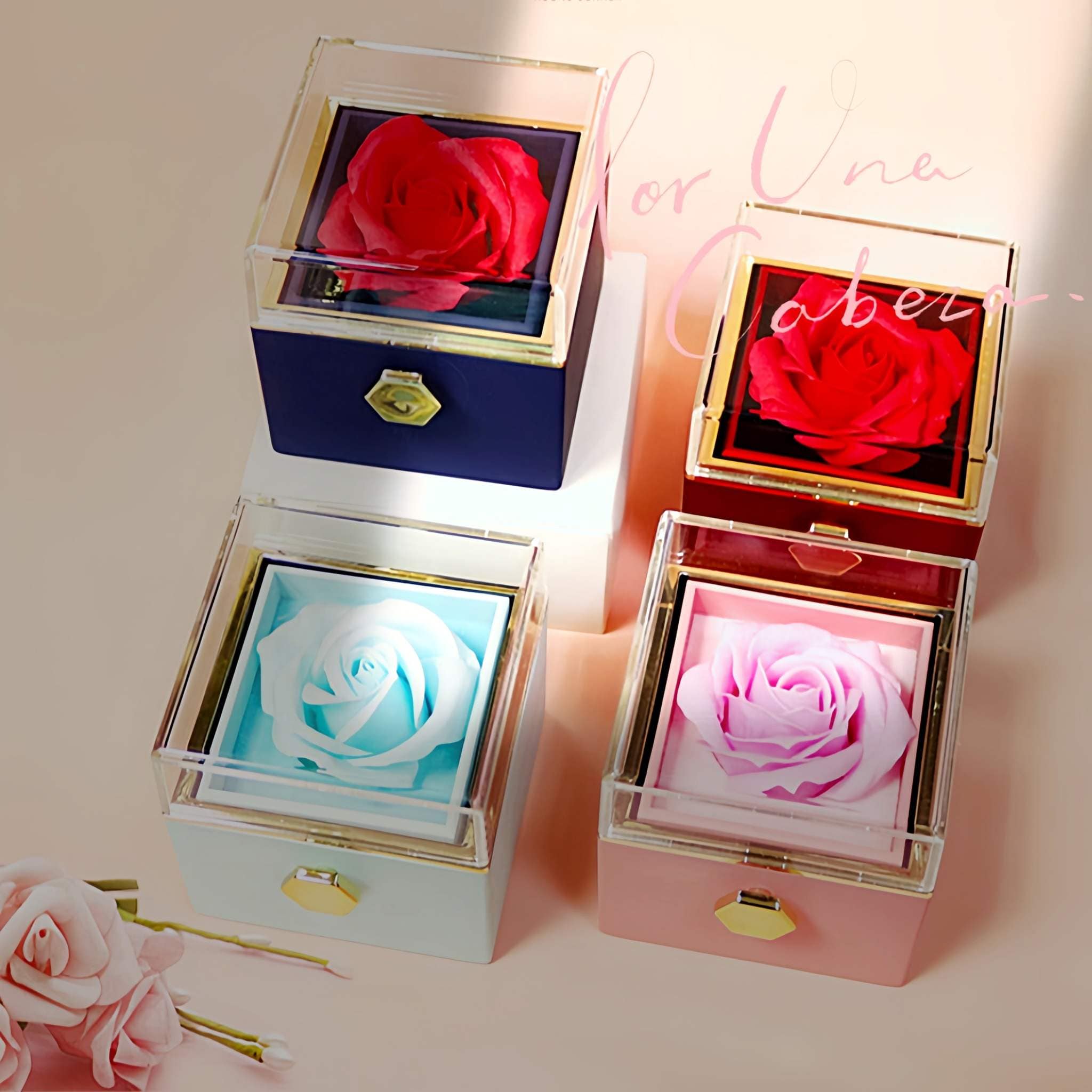 Rotating Soap Flower gift boxes with red, blue, and pink soap rose petals in elegant square cases