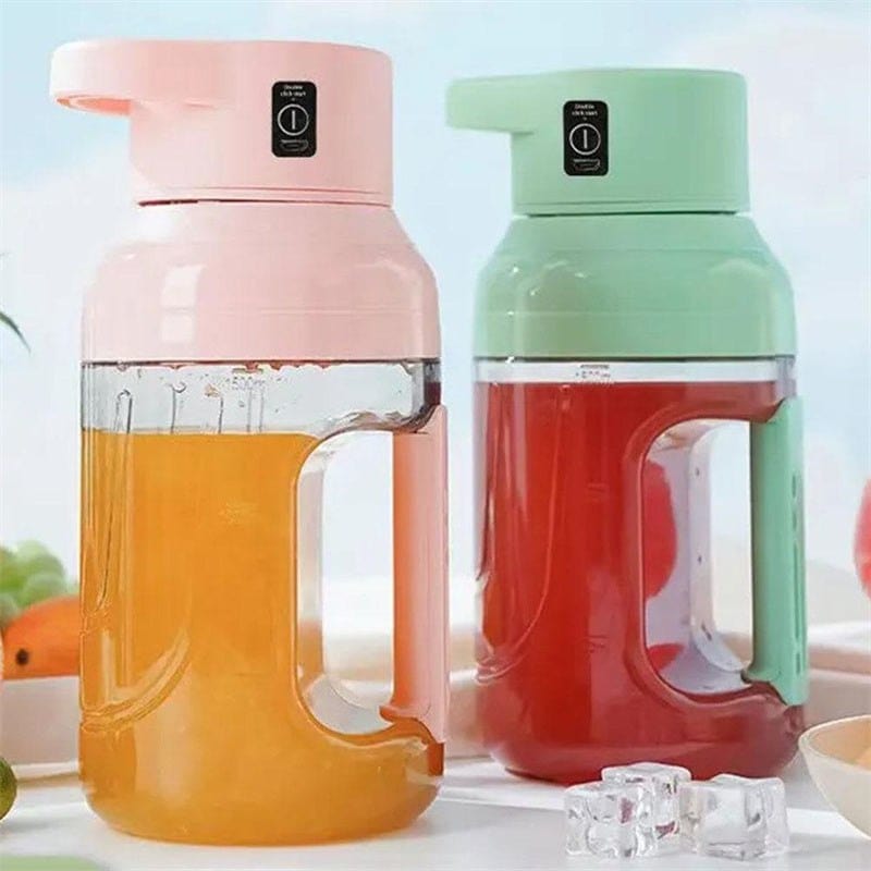 Portable Summer Electric Juicer with 1500ml capacity in pink and green colors with double handles and USB rechargeable design