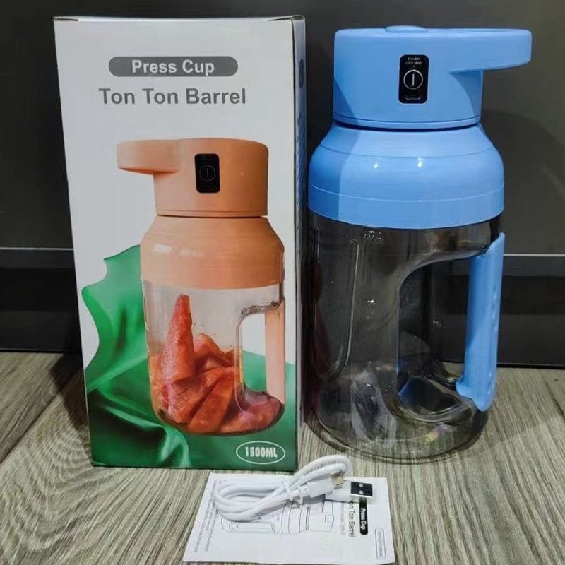 Portable large capacity summer electric juicer with USB rechargeable battery and 1500ml water reservoir in blue color next to its packaging and charging cable on wooden surface